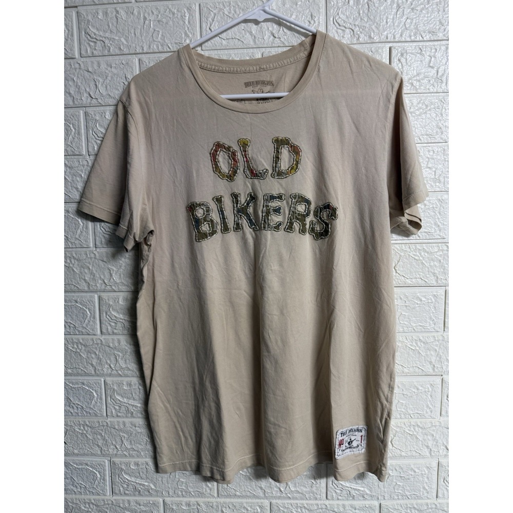 True Religion Mens Old Bikers Never Die Graphic T-Shirt Tan Size L